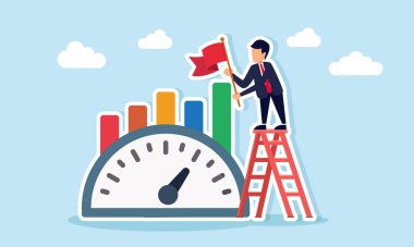 İş adamı, iş performans hesaplamasını tamamlamak için hız göstergesi yakınındaki bir grafiğe bayrak dikmek için merdivene tırmanıyor.