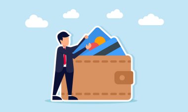 İş adamı, modern sektörde nakit ödeme metodunun cüzdan illüstrasyonundan banka kartı ya da kredi kartı alıyor