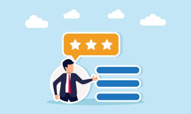 İş adamı, metin satırları ve sohbet diyaloğu ile bir çemberin içinde belirdi. Müşteri iş görüşmeleri değerlendirmesinin üç yıldızlı resimlerini içeriyor.