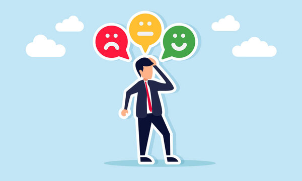 Бизнесмен чувствует себя сбитым с толку несколькими эмотиконами над головой, такими как счастливые сердитые и нейтральные лица, иллюстрирующие реакцию на результаты деятельности бизнеса