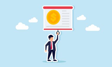 İşadamı, şirketin mali yönetimini açıklayan bir dolar madeni para illüstrasyonunu gösteren projektör ekranını çekiyor.