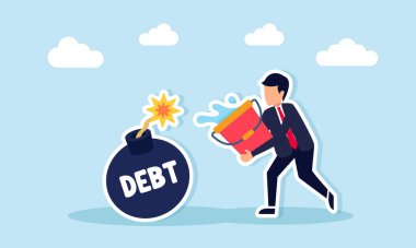 İşadamı, bir kova su ile, şirket borcunu ödemek için yanan bir borç bombasını söndürmeye çalışıyor.