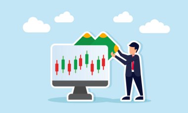 İş adamı, şamdan grafiklerini gösteren bir monitörden para çekiyor. Borsada hisse senedi ticaretinden kar elde ettiğini gösteriyor.