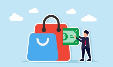 İş adamı, perakende pazarından kar elde etmenin bir alışveriş çantasından dolar para çekiyor.