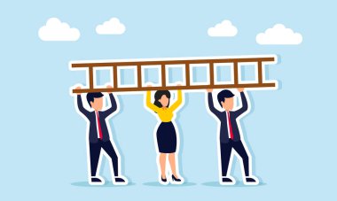 Bir iş projesini tamamlamak için takım çalışması ve işbirliği içeren bir merdiveni kaldırmak için birlikte çalışan iş adamları