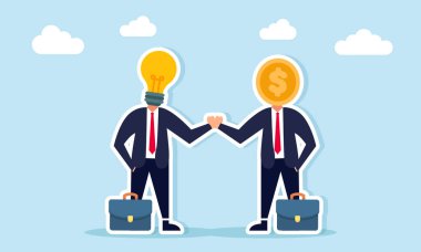 Bir dolarlık madeni para kafası ve ampul başlıklı işadamları, fikirlerin yenilikçiliği ve artan iş gelirleri arasındaki bağlantıyı gösteren el sıkışıyorlar.