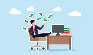 İş adamı, ofis koltuğunda rahat bir şekilde para içinde yüzüyor. Yavaş yaşamanın ve sıkı çalışmanın ödüllerinden keyif almanın göstergesi.