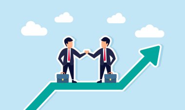 İki işadamı, karşılıklı faydalı bir işbirliği ya da kazançlı bir iş çözümü gösteren yeşil çizgi üzerinde el sıkışıyor