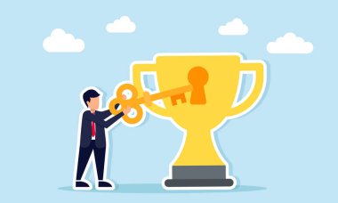 İşadamı ödül deliğine anahtar sokuyor. Bu da önde gelen bir şirket olmanın çözümünü gösteriyor.