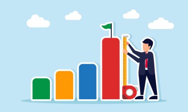 Ticari ilerlemeyi ve başarıyı izlemek için bir boy ölçme aracı kullanarak en yüksek grafiği ölçen işadamı