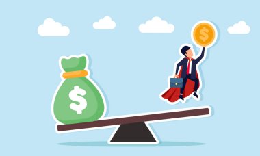 Bir tahterevalliden atlayan bir dolar taşıyan süper işadamı diğer tarafta yatırım sermayesinin ticari kar büyümesi üzerindeki etkisini gösteren bir para çantası tutuyor.