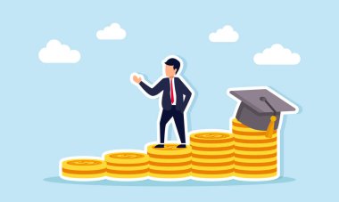 Bir tomar doların üzerinde duran işadamı mezuniyet şapkasıyla işletme mali yönetim eğitimini tamamlamada başarıyı gösteriyor.