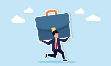 İş adamı ağır iş sorumluluğunu gösteren büyük bir evrak çantası taşımak için çok çalışıyor.