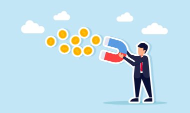 İşadamı, iş kârı ve gelir elde etme çabalarını gösteren mıknatısla bir sürü para çekiyor.