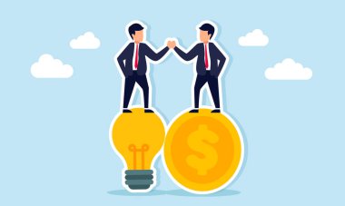 İki işadamı bir dolarlık madeni para ve ampul üzerinde el sıkışıyor. Kâr ve geliri artırmak için iş fikirleri ve yenilikler üzerinde anlaşmaya varıyorlar.