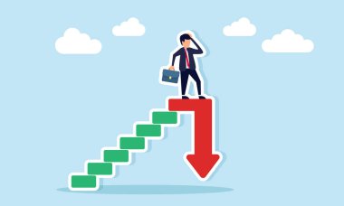 Kafası karışmış işadamı merdivenlere bakıyor ve olumsuz iş dünyası eğilimlerine çözüm bulmak için çok düşünmenin aniden aşağı doğru çizimlerine işaret ediyor.