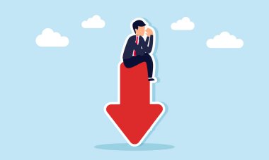 Hüzünlü işadamı, iş kayıplarıyla yüzleştiğinde acı ve duygusal mücadeleyi gösteren kırmızı bir ok üzerinde oturuyor.