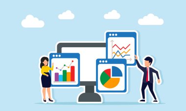 İş adamı, bir monitör ve uygulama arayüzü yakınında iş projesi raporlarını gösteren çizelgeleri gösteren bir iş kadınıyla tartışıyor.