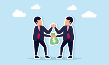 İki işadamı, dolandırıcılık ve iş ilişkilerindeki yolsuzlukları gösteren para çantası alışverişinde bulunurken el sıkışıyor.