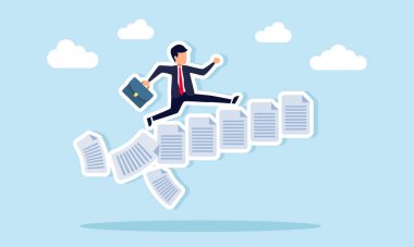 İş adamı, iş projelerini tamamlamada ilerleme gösteren bir merdiven çizelgesi oluşturarak evrak işlerinin üzerinden atlıyor