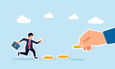 İş adamı bir el kovalamak için koşuyor. Para veriyor. Ticari kazanç elde etme fırsatlarının peşinde koşuyor.