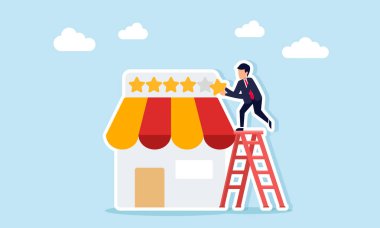 İş adamı, yükselen kalite ve iş standartlarını gösteren mağaza derecelendirme simgelerine yıldız yerleştirmek için merdivene tırmandı