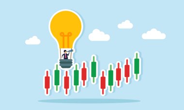 İşadamı, şamdan haritasını teleskopla ampul üzerinde inceliyor. Sıcak hava balonu, hisse senedi fiyatlarındaki dalgalanmada yaratıcı ve yenilikçi düşünceleri gösteriyor.