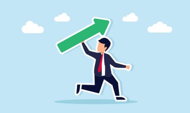 İş adamı koşuyor ve iş performansını ve gelirini artırma çabalarını gösteren bir ok atmaya hazırlanıyor