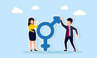 İş adamı ve iş kadını, iş hayatında cinsiyet eşitliğinin simgeleri yakınında konuşuyor.