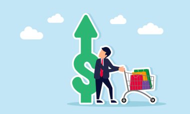 İş adamı, iş gelirlerindeki artışı gösteren yükselen okla, dolar işaretinin yakınına alışveriş arabası itiyor.