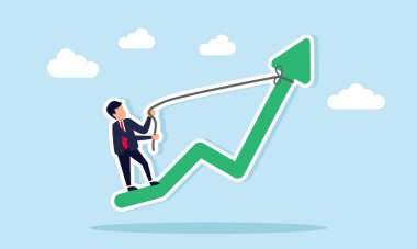 İşadamı yeşil çizelgeyi elinde bir iple yukarı bakan oku çekiyor. Bu da iş performansını ve verimliliğini artırma çabalarını gösteriyor.