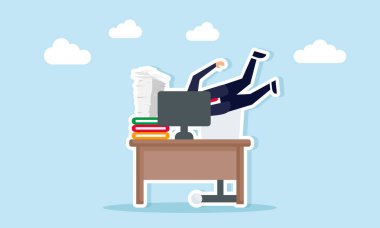 İş adamı bir iş masasında bilgisayar monitörüne giriyor işkolik yaşam tarzını resmediyor ve iş taleplerinde kapana kısılmış durumda.