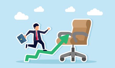 Yükselen yeşil bir tabloda çalışan işadamı, bir ofis koltuğunda durmuş, kariyerindeki ilerlemeyle uyumlu iş performans artışını gösteriyor.
