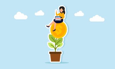 İşadamı, çiçekli bir madeni para fabrikasında oturmuş, iş yatırımlarının performans analizini çiziyor.