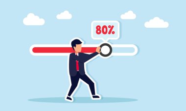 İş adamı, iş projesinde ilerleme kaydedilmesi için yüzde seksen seviyesinde ilerleme çubuğuna basıyor