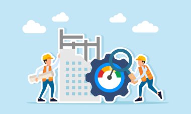 Ekip çalışmalarının ve proje standart analizlerinin yapı süreci illüstrasyonunda ekipman ve metre seviyesini denetlemek için büyüteç kullanan mühendis