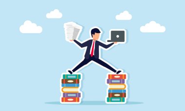 Elinde dizüstü bilgisayar ve evrak işleri olan bir iş adamı, iki kitap yığınının üzerinde etkin ve verimli bir şekilde çalışmanın resimlerini çiziyor.