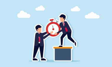 İş adamı, son teslim tarihindeki iş görevlerini tamamlamak için takım çalışmasının podyum illüstrasyonunda kronometreyi başka bir iş adamına verdi