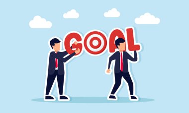 Two businessmen working together lifting goal text with target board illustration of teamwork to achieve business target