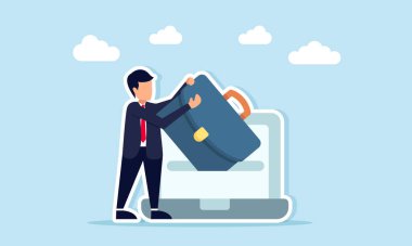 Çevrimiçi Platform 'dan İş Bulma ve Dijital İşe Alma Konsepti' nden Bilgisayarlı Ekran Resimlerinden Çanta Alan İşadamı