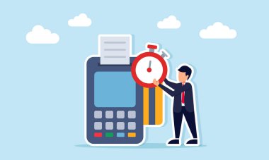 İş adamı Kronometreyi Ödeme Tarihi ve Aktarım Bitiş Tarihi İllüstrasyonunun Yakın EDC Makinesi