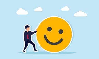 İş adamı, iş performansı değerlendirmesi ve müşteri memnuniyeti geri bildiriminin dev mutlu ifade örneklerini bastırıyor