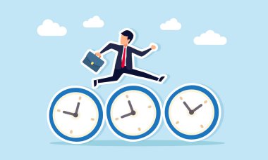 Birden Fazla İş Projesini Tamamlamak İçin Etkili Zaman Yönetiminin Saatler Çizelgesinin Üzerinden Atlayan İşadamı