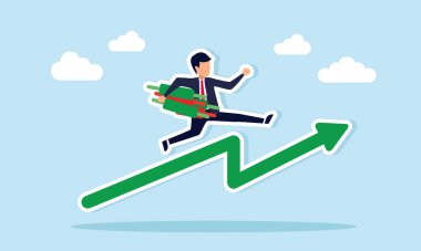 Elinde şamdan olan işadamı, yükselen Green Arrow tablosuyla hisse senedi ticaretinin resimlerini çiziyor.