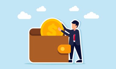 İşadamı, mali yönetim kavramındaki yatırım gelirlerinden kar elde ettiği cüzdan illüstrasyonundan dolar para alıyor.