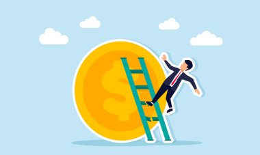 İşadamı, madeni parayı merdivenle tırmanmaya çalışıyor ama merdivenin düşmesi istikrarlı bir mali yönetim oluşturmada başarısız olduğunun bir göstergesi.