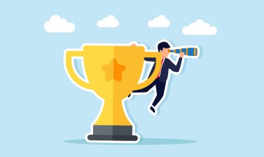 Elinde teleskopla gezen bir işadamı, önde gelen şirketlerden olma şansını gözlüyor.