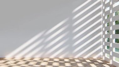 Boş iç oda gölge duvarı arka planı mimari güneş ışığını taklit ediyor. boş ev modern pencere ışıklandırması daire tasarımı ev içinde beyaz ev. boş küçük konsept arkaplan parlak temiz.