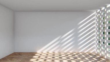 Boş iç oda gölge duvarı arka planı mimari güneş ışığını taklit ediyor. boş ev modern pencere ışıklandırması daire tasarımı ev içinde beyaz ev. boş küçük konsept arkaplan parlak temiz.