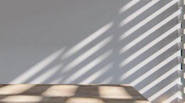 Boş iç oda gölge duvarı arka planı mimari güneş ışığını taklit ediyor. boş ev modern pencere ışıklandırması daire tasarımı ev içinde beyaz ev. boş küçük konsept arkaplan parlak temiz.